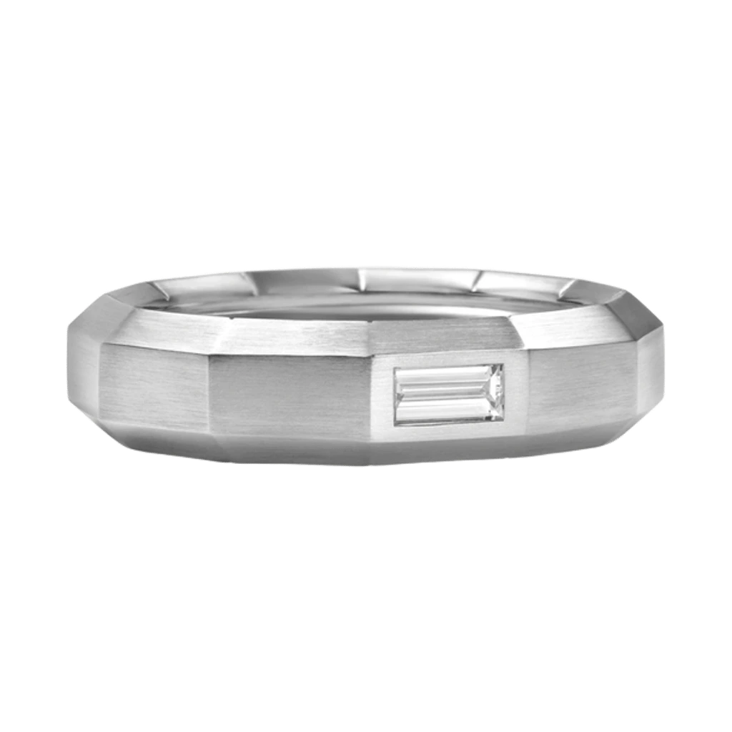 Men's Faceted Band Ring in 18K White Gold with Center Diamond, 10 mm
