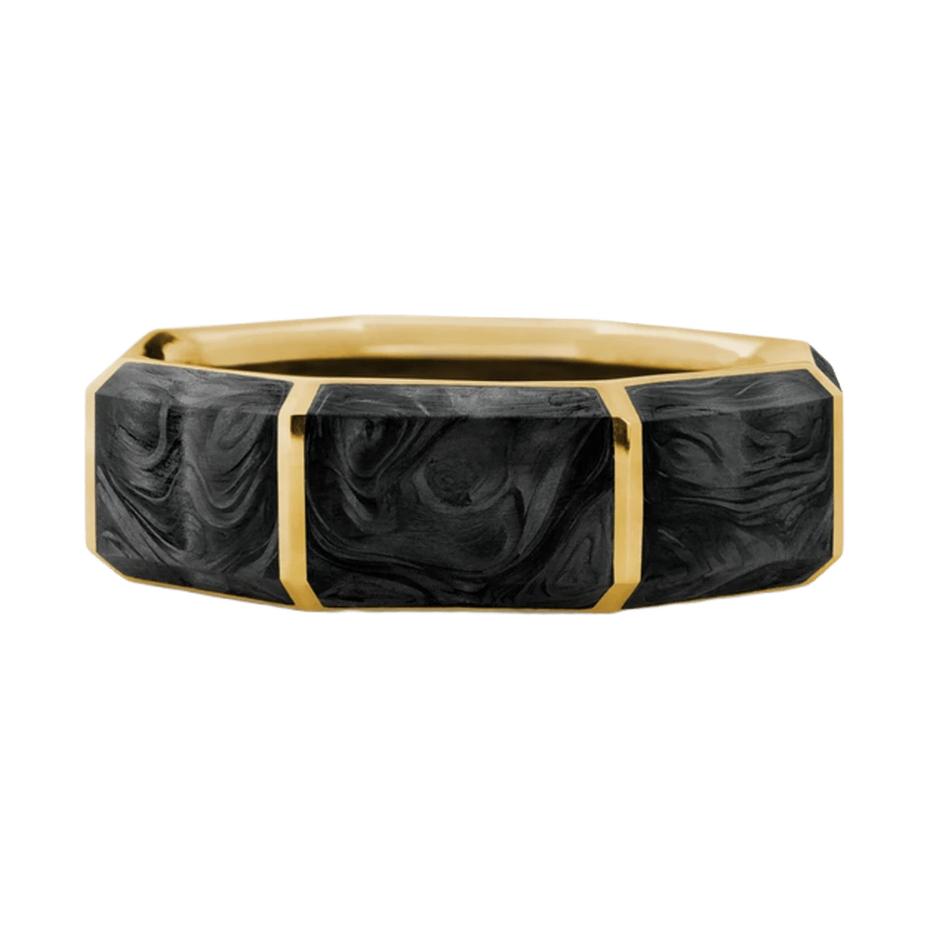 Men's Forged Carbon Faceted Band Ring with 18K Yellow Gold, 8 mm